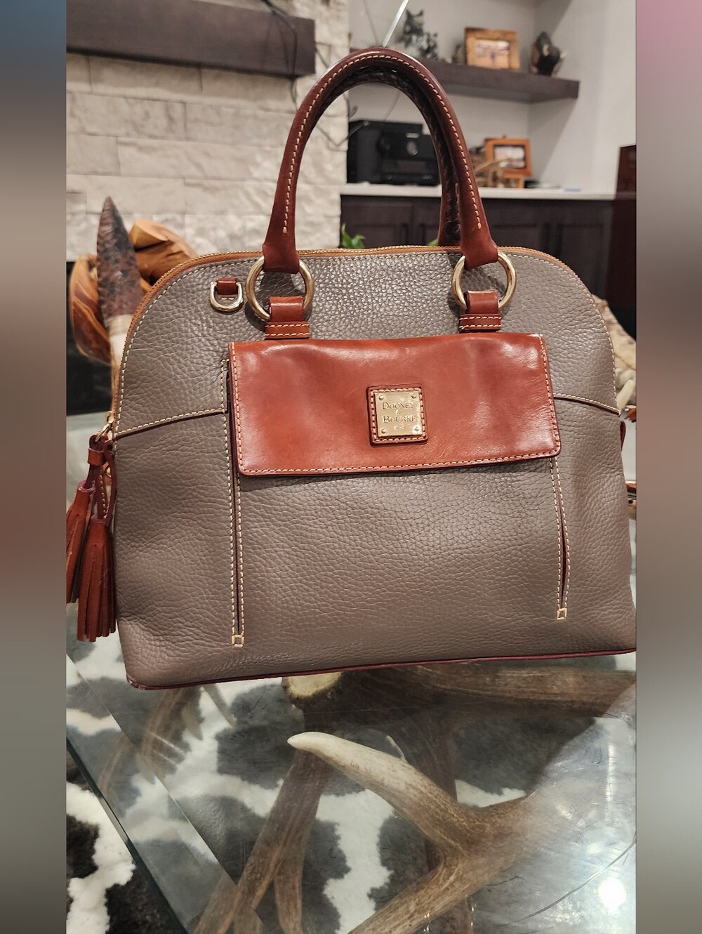 Dooney & Bourke Gray Pebble Leather Satchel with Brown Trim